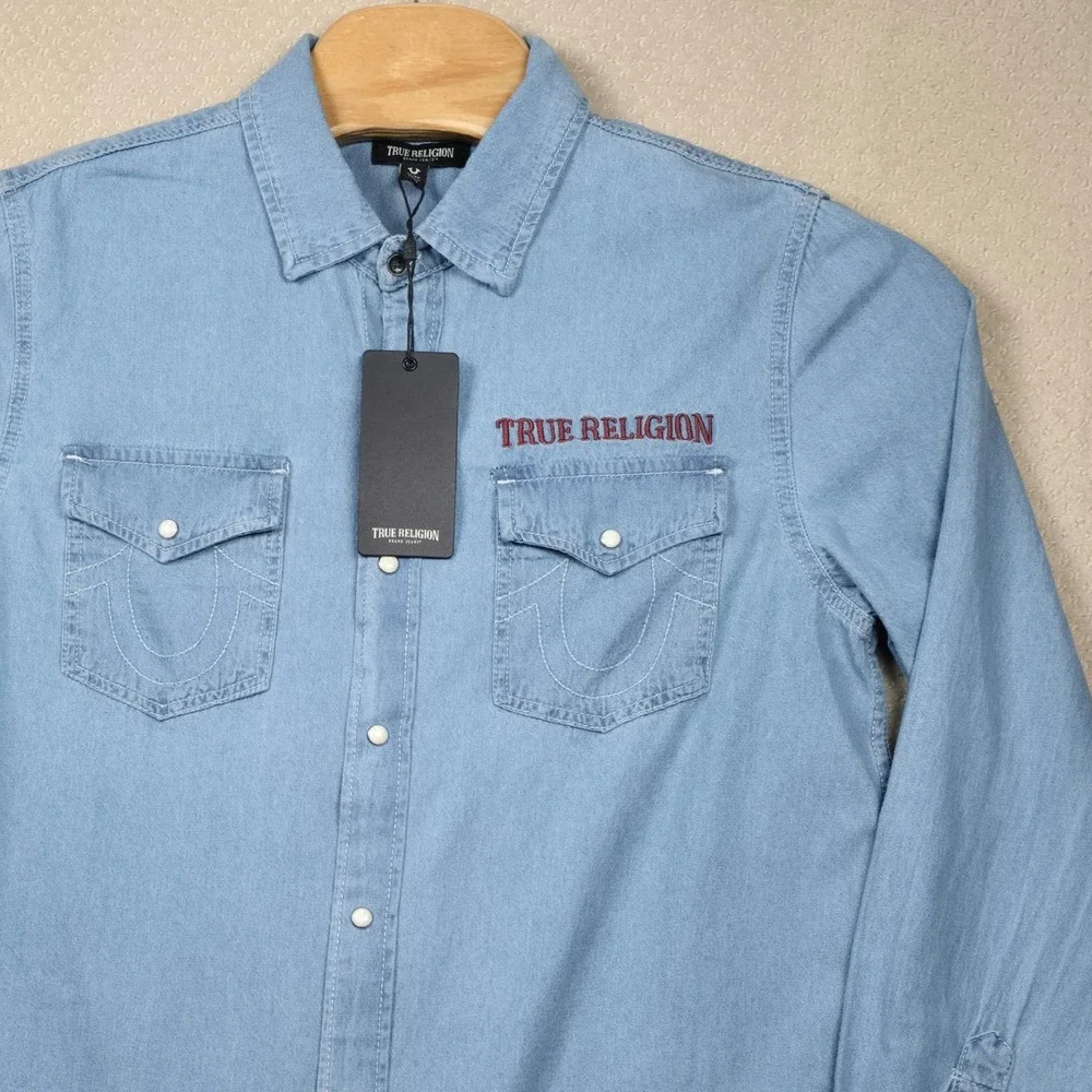 NWT True Religion Western Denim Shirt Men Medium Chambray Pearl Snap Embroidered